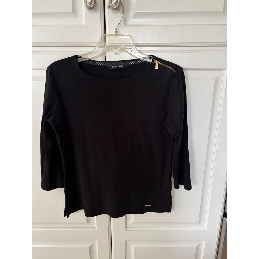 Ellen Tracy Black 100% Cotton Top 3/4 Sleeve Gold Shoulder Zipper Detail Women